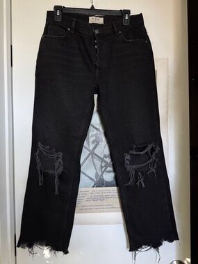 We The Free Black Distressed Raw Hem Straight Leg Jeans 27